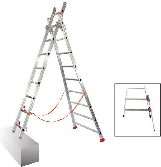 Echelle transformable 2x8 barreaux - Rattrapage de niveau - Longueur déployée 3.70m - Sol plat ou escalier - ATL230-2/BR