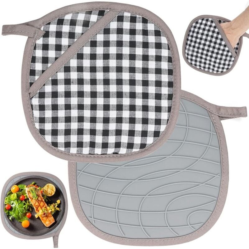 Thumbnail - 2er-Pack Topflappen mit Tasche, Silikon-Baumwoll-Topflappen, hitzebeständige Ofenhandschuhe, Topflappen mit rutschfestem...