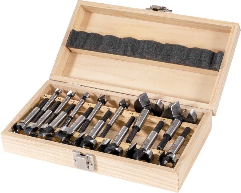Forstnerbohrer-Set in Holz-Kasette, 15-teilig (Durchmesser 10 - 50 mm), 8 - 9 mm Schaft, für Hart- & Weichholz, Forstner...