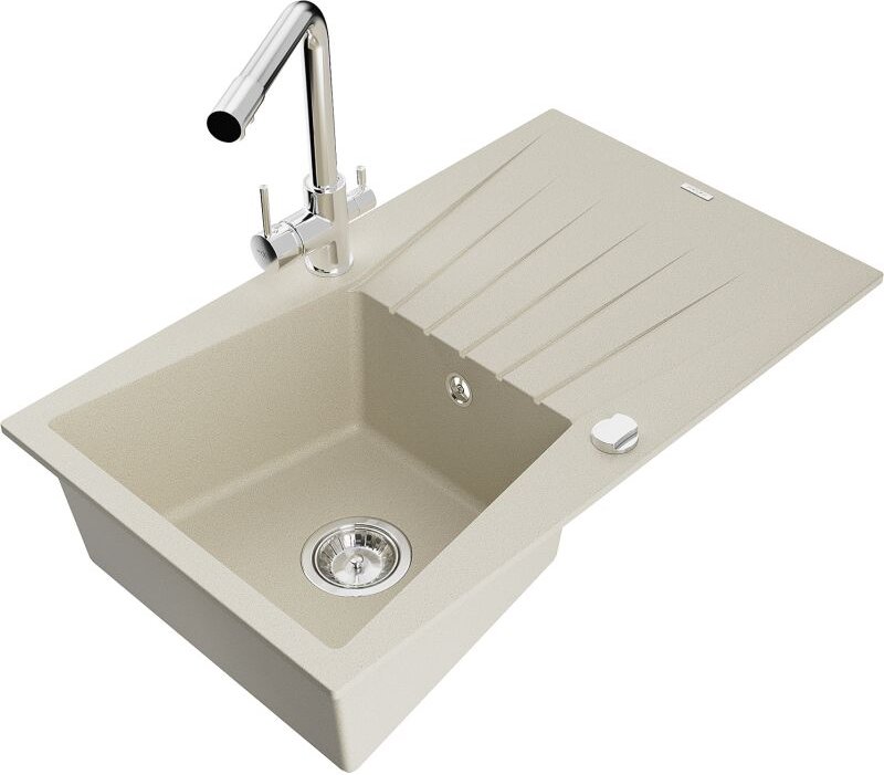 Cesar 1 Becken-Granitspüle mit Abtropffl√§che und Mischbatterie Duero, Beige - 6514-69-671600-00 - Mexen