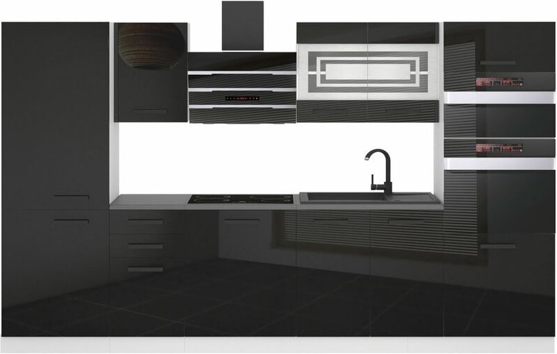 Küchenzeile Küchenblock Mila - Küchenmöbel 300 cm Einbauküche Vollausstattung ohne Elektrogeräten mit Hängeschränke und ...