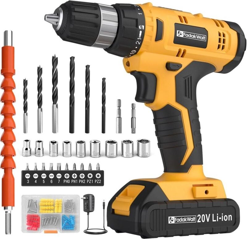 FADAKWALT 20-V-Akku-Bohrschrauber-Set mit Akku und Ladegerät, 30 N Drehmoment, 21+1 Drehmomenteinstellung, 3/8-Zoll-Schn...