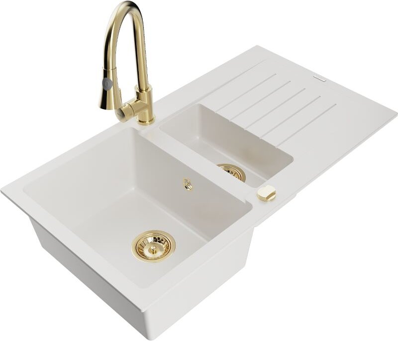 Matias 1,5-Becken-Granitspüle mit Abtropffl√§che und Mischbatterie Elia, Wei√ü - 6502-20-670101-50 - Mexen