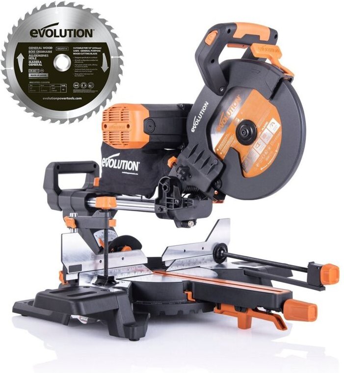 EVOLUTION R255SMS DB PLUS Mehrzweck-Gehrungssäge mit Führungen mit zwei 255-mm-Sägeblättern (Holz und Mehrzweck)