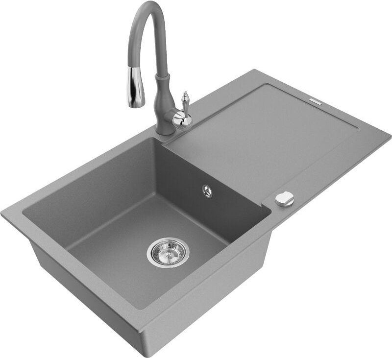 Thumbnail - Leo 1 Becken-Granitspüle mit Abtropffläche und Mischbatterie Savita, Grau - 6501-71-672601-71 - Mexen