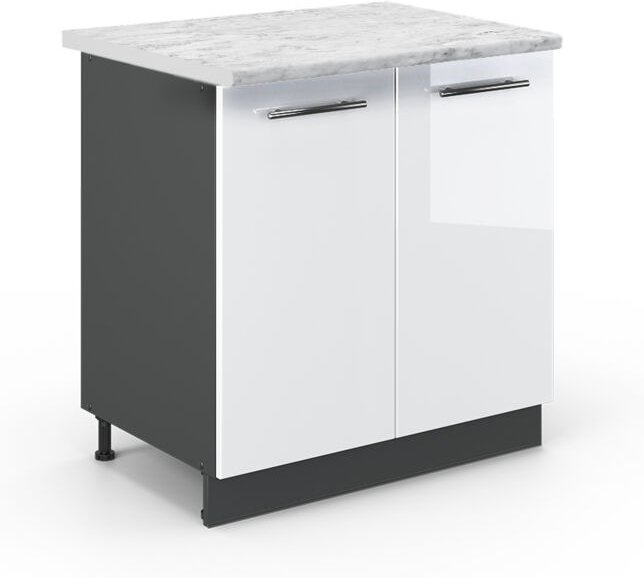 Vicco - Spülenunterschrank Fame-Line, Weiß Hochglanz, 80 cm mit Regal, ap Marmor