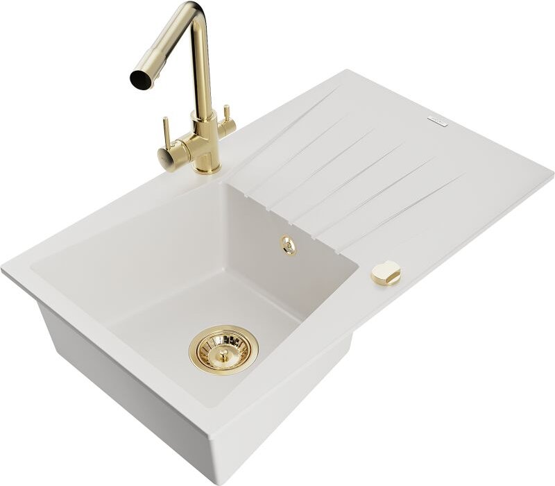 Cesar 1 Becken-Granitspüle mit Abtropffl√§che und Mischbatterie Duero, Wei√ü - 6514-20-671600-50 - Mexen