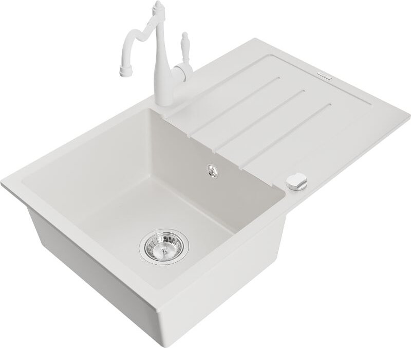 Bruno 1 Becken-Granitspüle mit Abtropffl√§che und Mischbatterie Carla, Wei√ü - 6513-20-670700-20 - Mexen