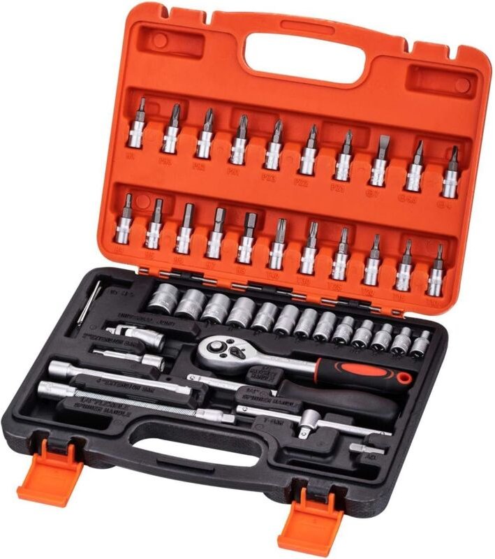 46-teiliger Steckschlüsselsatz mit 1/4-Zoll-Antrieb, Mechanikerwerkzeuge, metrischer 4-14-mm-Antrieb mit 24-Zähne-Schnel...