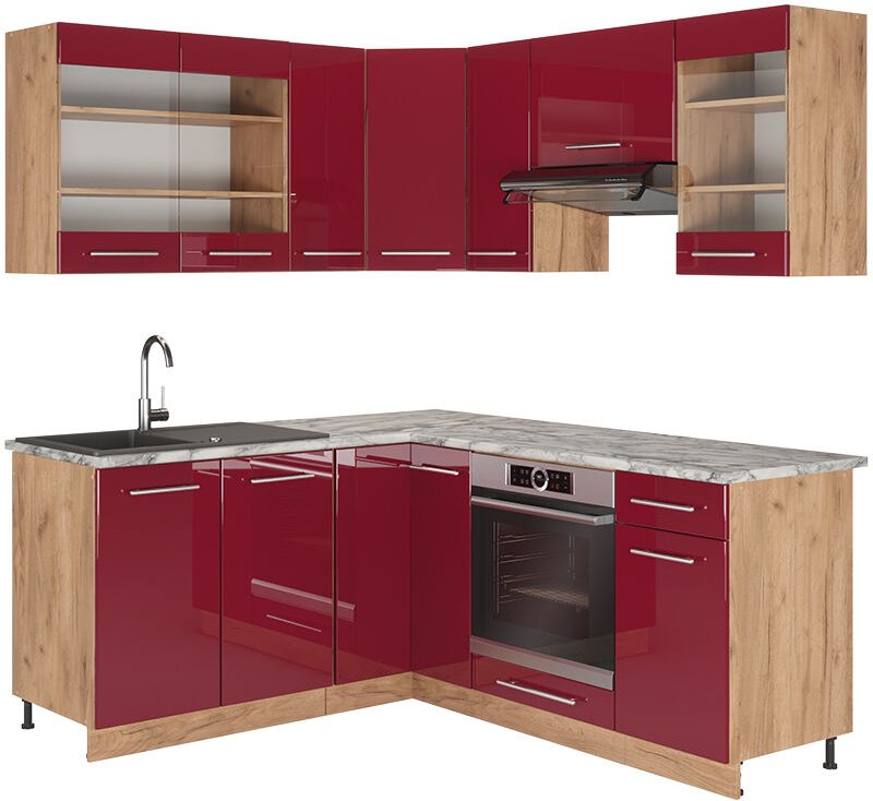Vicco - Küchenschränke Fame-Line, Bordeaux Hochglanz/Goldkraft Eiche, 160 x 190 cm , ap Marmor
