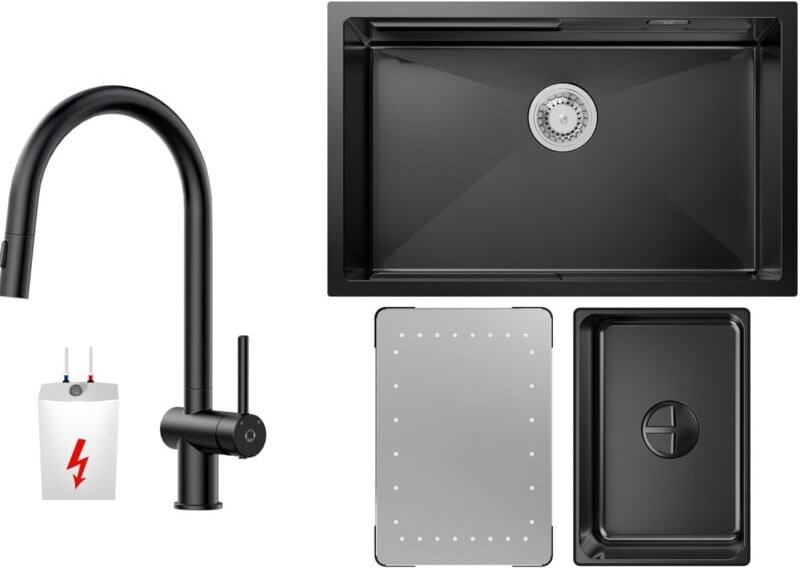 Küchenspüle 1.5 Becken 70x44cm EdelstahlSpüle Anthrazitschwarz Unterbauspüle + Ausziehbarer Niederdruck-Küchenarmatur Sc...