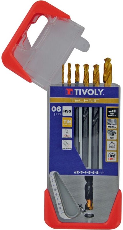 Thumbnail - Tivoly - Box mit 6 Technic hss Steam Tin Metallbohrern mit ø 2-3-4-5-6-8 mm