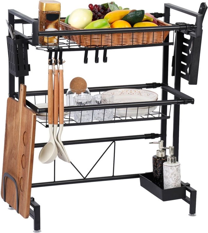 Teleskop-Abtropfgestell, doppellagig, Küchen-Abtropfgestell, 95 × 27,5 × 72 cm, Schwarz