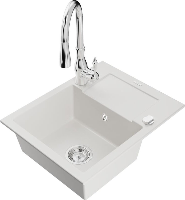 Enzo 1 Becken-Granitspüle mit Abtropffläche und Mischbatterie Savita, Weiß - 6506-20-672601-00 - Mexen