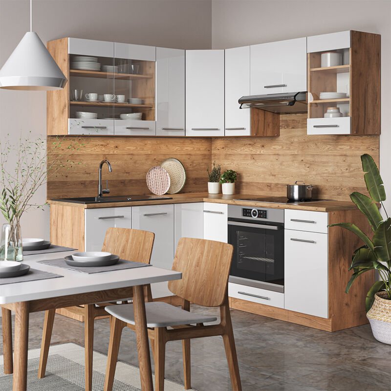 Vicco - Eckküche Fame-Line, Weiß Hochglanz/Goldkraft Eiche, 160 x 60 cm ohne Arbeitsplatte