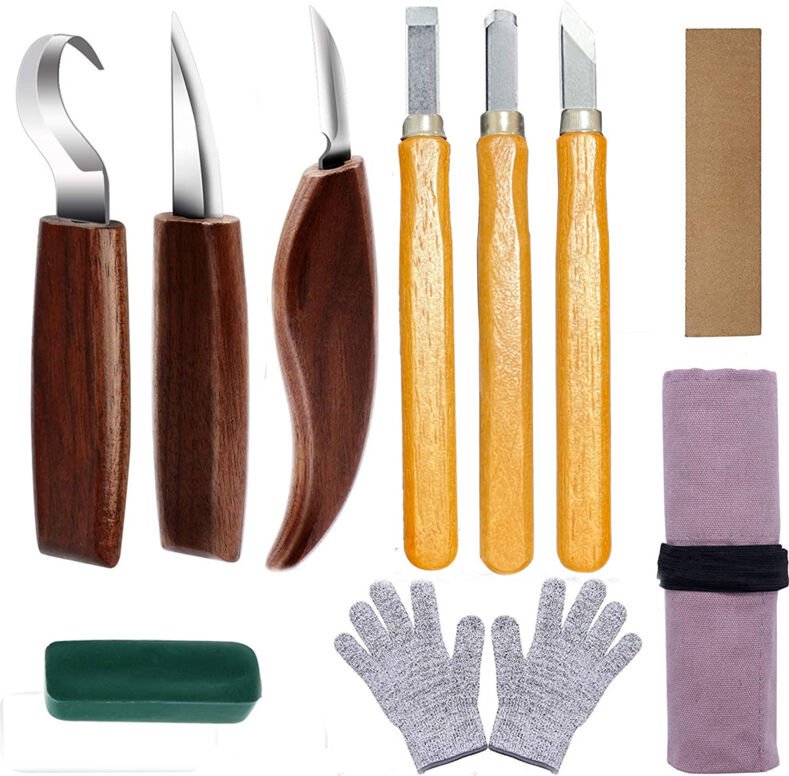 10-in-1-Holzschnitzwerkzeuge, Holzschnitzset, Hakenmesser, Holzbearbeitungsmesser, Abschrägungsmesser und 3 Schnitzmesse...