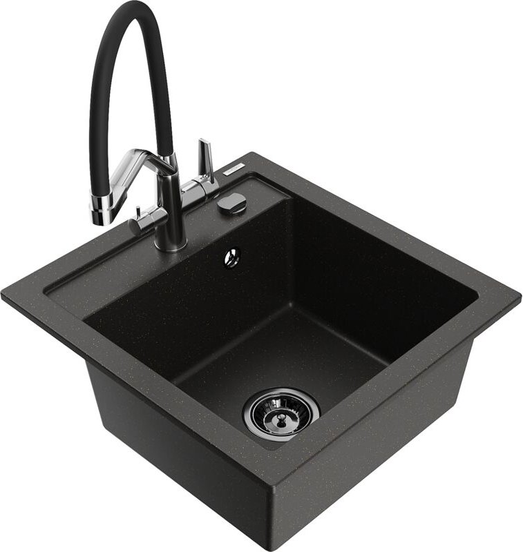 Vito 1-Becken-Granitspüle mit Mischbatterie Duo, Schwarz/Gold metallisch - 6503-75-671701-07-B - Mexen