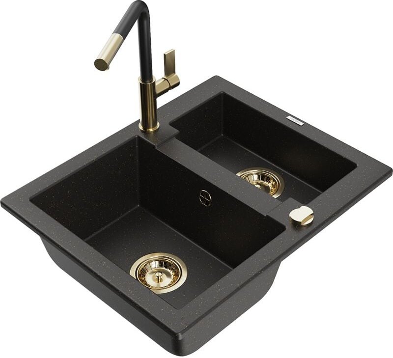 Carlos 1,5-Becken-Granitspüle mit Mischbatterie Flora, Schwarz/Gold metallisch - 6518-75-67040 - Mexen