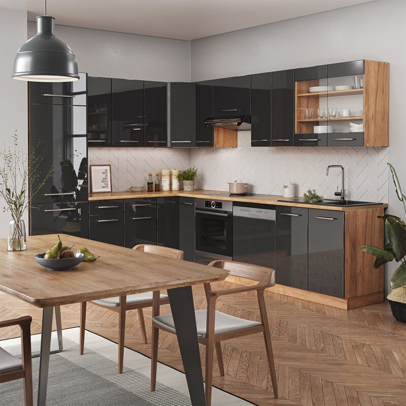 Vicco - Eckküche Fame-Line, Anthrazit Hochglanz/Goldkraft Eiche, 227 x 60 cm ohne Arbeitsplatte