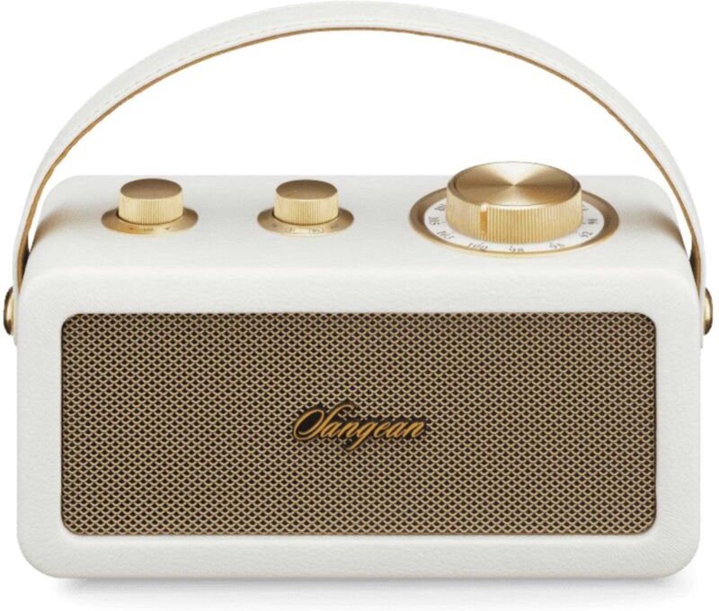 RA-101 Ivory Gold.Tragbarer Lautsprecher mit Retro-Design de aus Holz und Kunstleder. Bluetooth 5.0. Autonomie 19 Stunde...