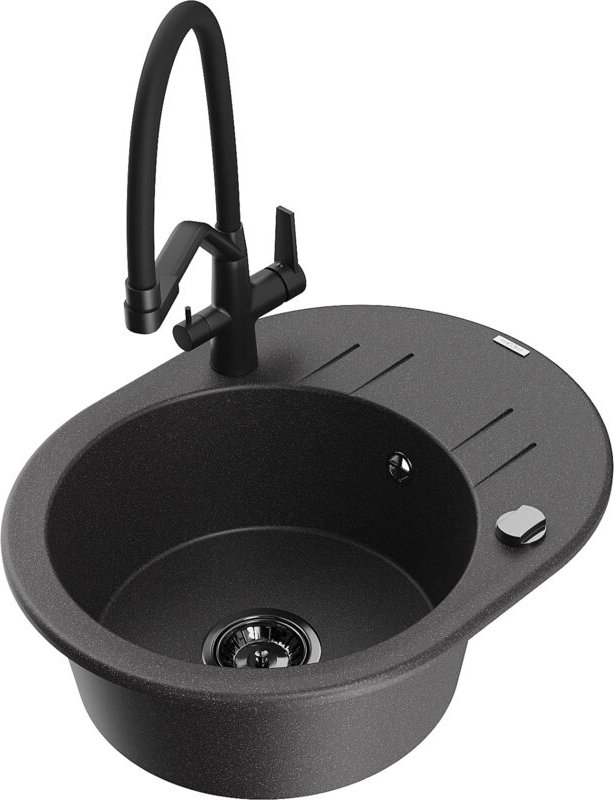 Kevin 1-Becken-Granitspüle mit Mischbatterie Duo, Schwarz gesprenkelt - 6517-76-671701-70-B - Mexen