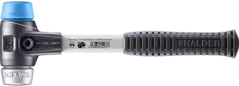 SIMPLEX-Schonhammer, TPE-soft / Weichmetall mit verstärktem Tempergussgehäuse und Fiberglasstiel D=40 mm 3719.040