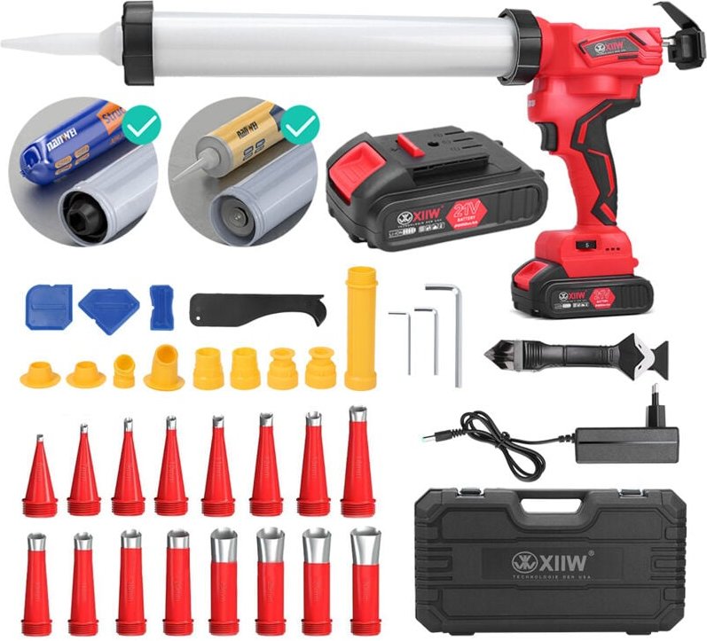 Xiiw - 38Tlg Elektrisch Kartuschenpistole inkl. 2X Li-lon akkus (2000mAh), 7840N, 500W, mit 16X 6-30mm Edelstahl Nietdüs...