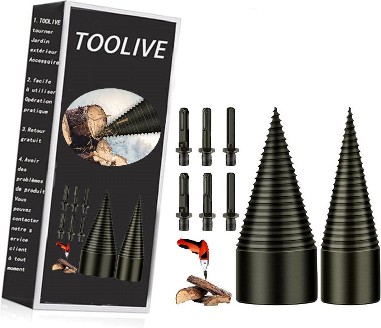 Holzspaltbohrer – 32 mm + 42 mm Holzspalter, Kegel-Holzspalter, Kegelbohrer mit 6 Griffen, quadratisch/rund/sechskant fü...