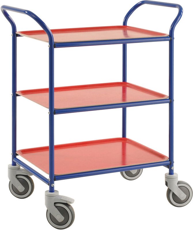 Kongamek Tablettwagen 770x495x960mm blau pulverbeschichtet mit Bremse und 3 Tabletts in rot
