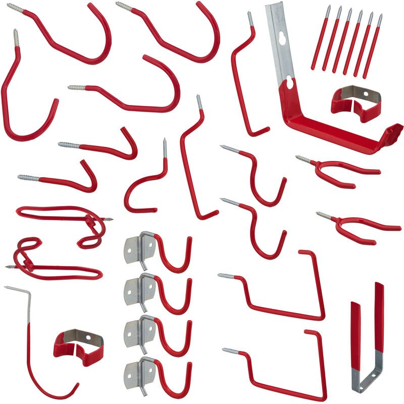 Wandhaken 32-teiliges Set, Werkzeug Wandhalterung Garage, Stahl, gummiert, Garten Gerätehalter Werkstatt, rot - Relaxday...