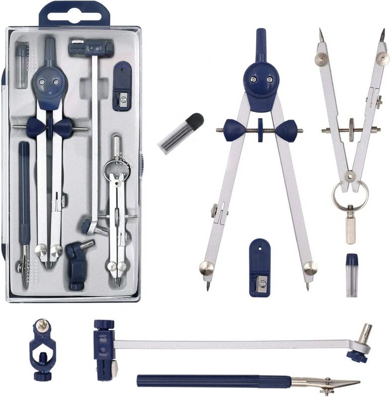 Set mit Zirkel aus Edelstahl und 5 Zubehörteilen für Kinder zum Zeichnen, Mathematik und Geometrie