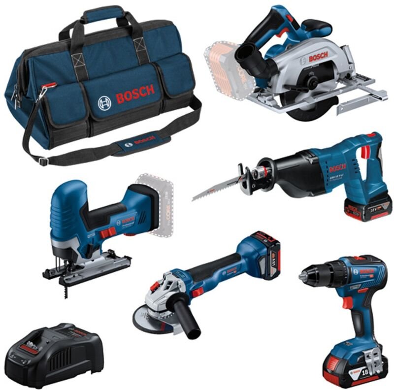Profi Set 18V: gsr 18V-55, gws 18V-10, gst 18V-125 s, gsa 18 v-li, gks 18V-57-2, 3x Akku 4 Ah, Schnellladegerät, Tasche ...