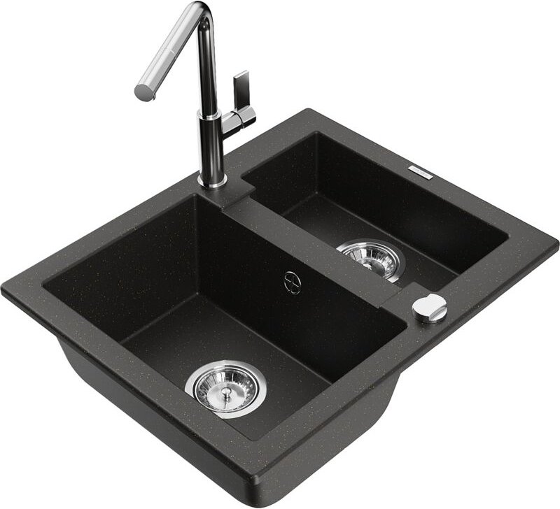 Mexen Carlos 1,5-Becken-Granitspüle mit Mischbatterie Flora, Schwarz/Gold metallisch - 6518-75-67040