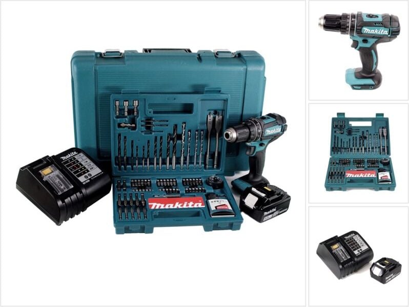 Dhp 482 stk Akku Schlagbohrschrauber 18V 62Nm + 1x Akku 5,0Ah + Ladegerät + 100 tlg. Bit Bohrer Set + Koffer - Makita