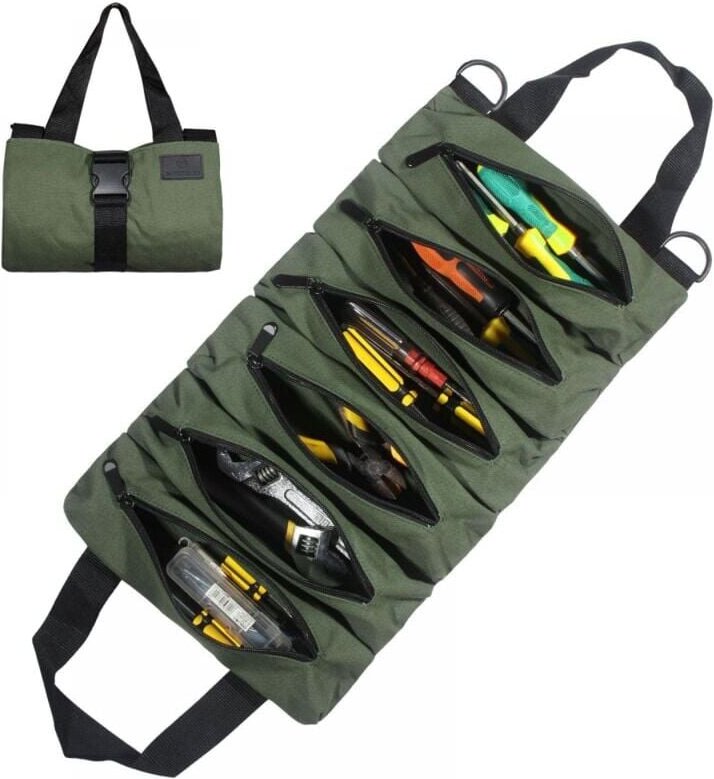 Thumbnail - Verde) Borsa portautensili arrotolabile in tela, multifunzione, portatile, con 6 tasche con cerniera, adatta per uso quo...
