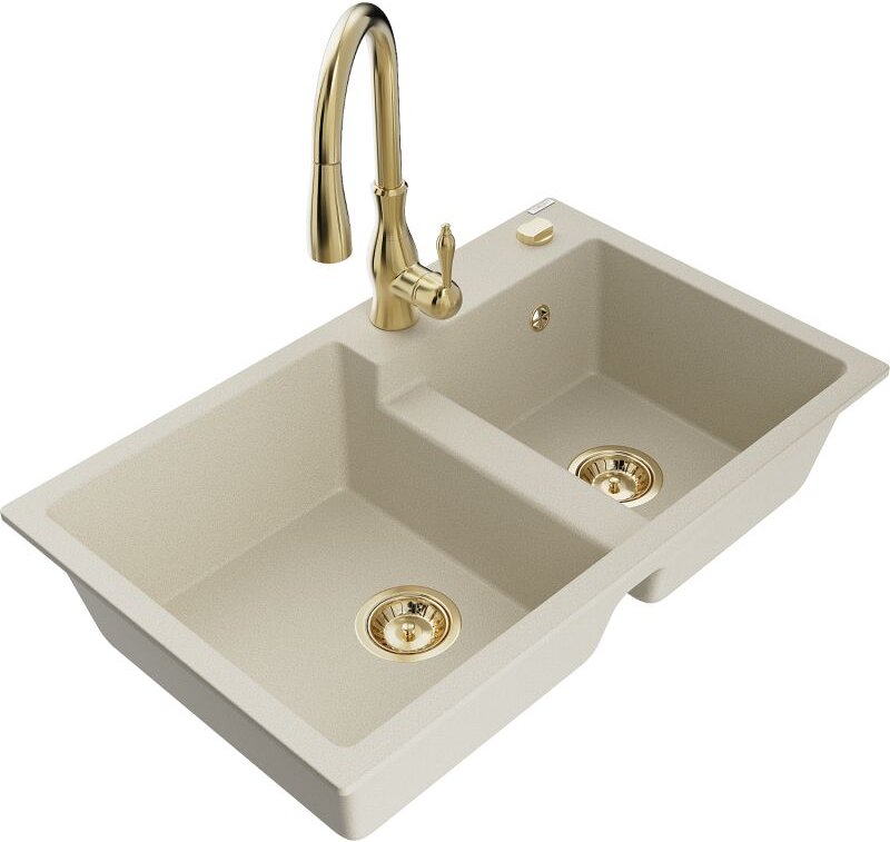 Tomas 2-Becken-Granitspüle mit Mischbatterie Savita, Beige - 6516-69-672601-50 - Mexen