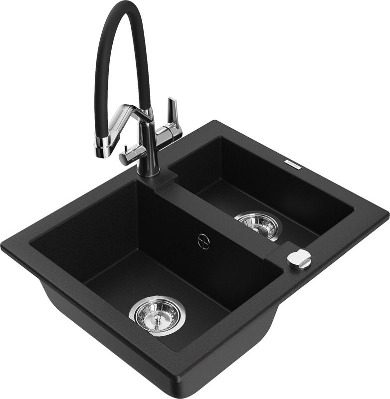 Thumbnail - Carlos 1,5-Becken-Granitspüle mit Mischbatterie Duo, Schwarz - 6518-77-671701-07 - Mexen