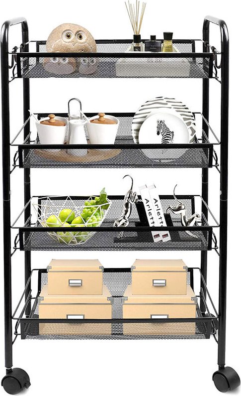 Lagerwagen, Aufbewahrungsmöbel, 4 Lagen, 83,5 x 46 x 27 cm, Schwarz, Material: Eisen