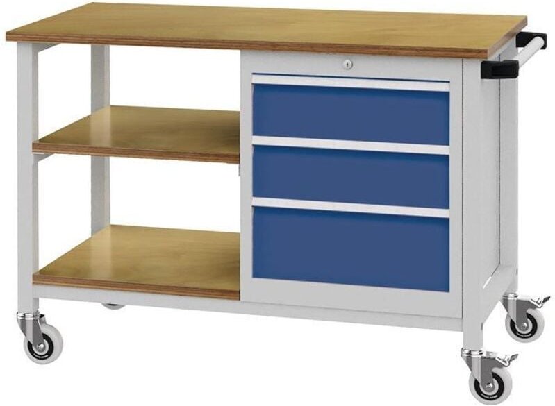 Werkbank B1200xT540xH880mm Buche Multiplex lichtgrau/signalblau 4 Schubl. - 04.512.03A 7035/5005