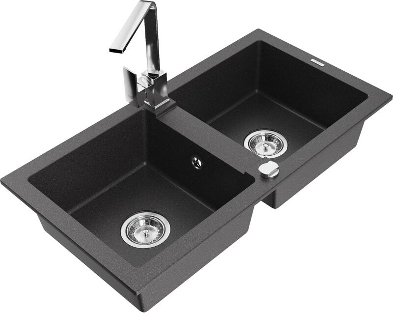 Mexen Mario 2-Becken-Granitspüle mit Mischbatterie Rita, Schwarz gesprenkelt - 6504-76-670300-00