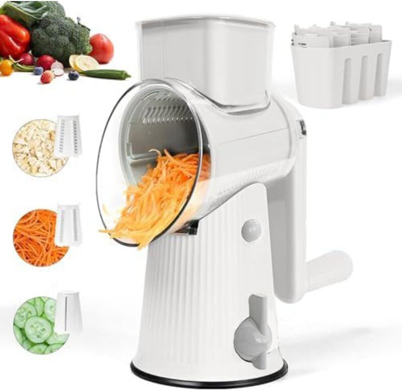 Rotierende Käsereibe mit Griff, manueller Gemüseschneider mit 3 austauschbaren Klingen Müheloses Reiben, starker Saugnap...