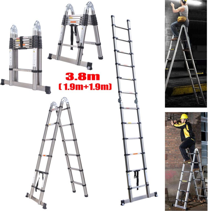 Dayplus - 3.8M Teleskopleiter Ausziehleiter Klapp A-förmige Stehleiter Mehrzweck Edelstah