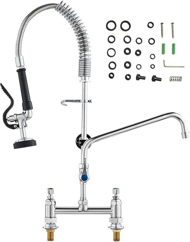 Kommerzieller Wasserhahn mit Vorspülbrause, 26 Zoll hoch, 8 Zoll Mitte, 12 Zoll Schwenkauslauf, aus Messing, für Küchens...