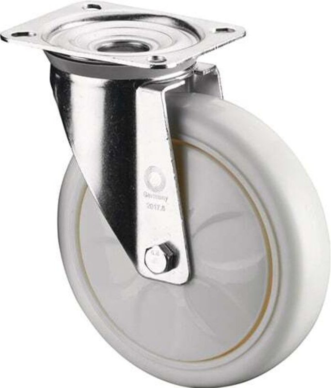 Lenkrolle Rad-Ø 200 mm Tragfähigkeit 300 kg Kunststoff Platte L135xB110 mm Farbe Rolle weiß