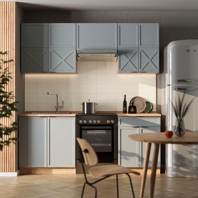 Küchenzeile Fame-Line, Hellblau-grau/Goldkraft Eiche, 200 cm , AP Marmor, Vicco