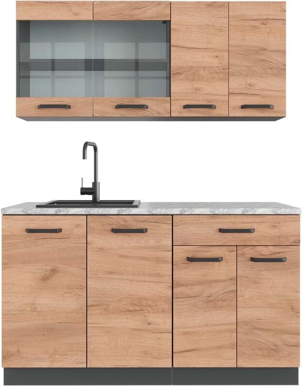 Vicco - Singleküche R-Line, Goldkraft Eiche/Anthrazit, 140 cm , ap Marmor