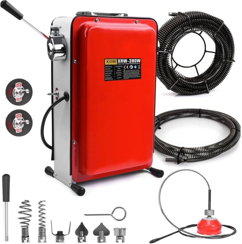 390W Elektrische Rohrreinigungsmaschine für Ø20-100mm Rohrleitungen, Rohrreinigungsgerät Spirale 16 mm x 14,5 m, 8 mm x ...