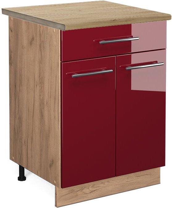 Thumbnail - Küchenunterschrank Fame-Line, Bordeaux Hochglanz, 60 cm mit Schublade, ap Eiche Vicco