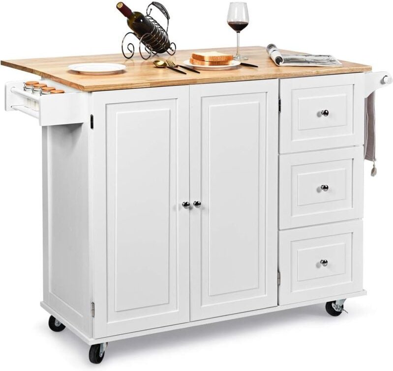 COSTWAY Desserte de Cuisine sur roulettes, Îlot Central Cuisine Plateau en Bois d'hévéa Pliable, Rangement Cuisine 3 Tir...