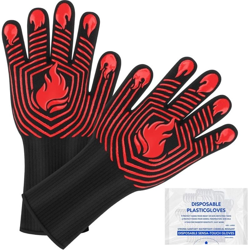 Thumbnail - Grillhandschuhe, hitzebeständige Handschuhe (bis 750 °C), feuerfeste Handschuhe, rutschfeste, waschbare Ofenhandschuhe a...